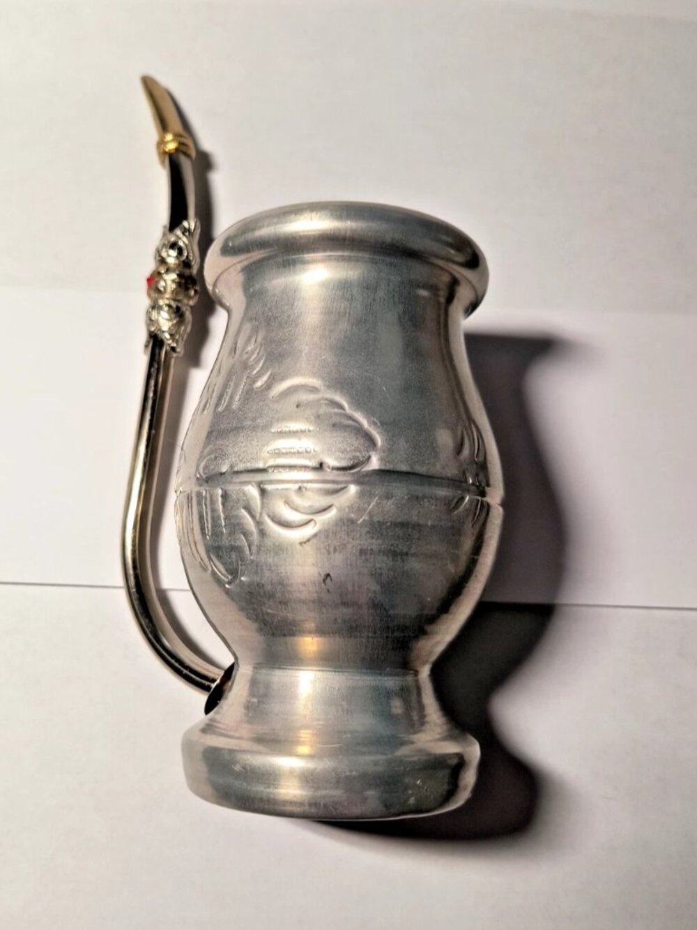 Vintage Metal Yerba Mate Gourd Cup Attached Bombilla Straw Embossed Etched 1-Pc